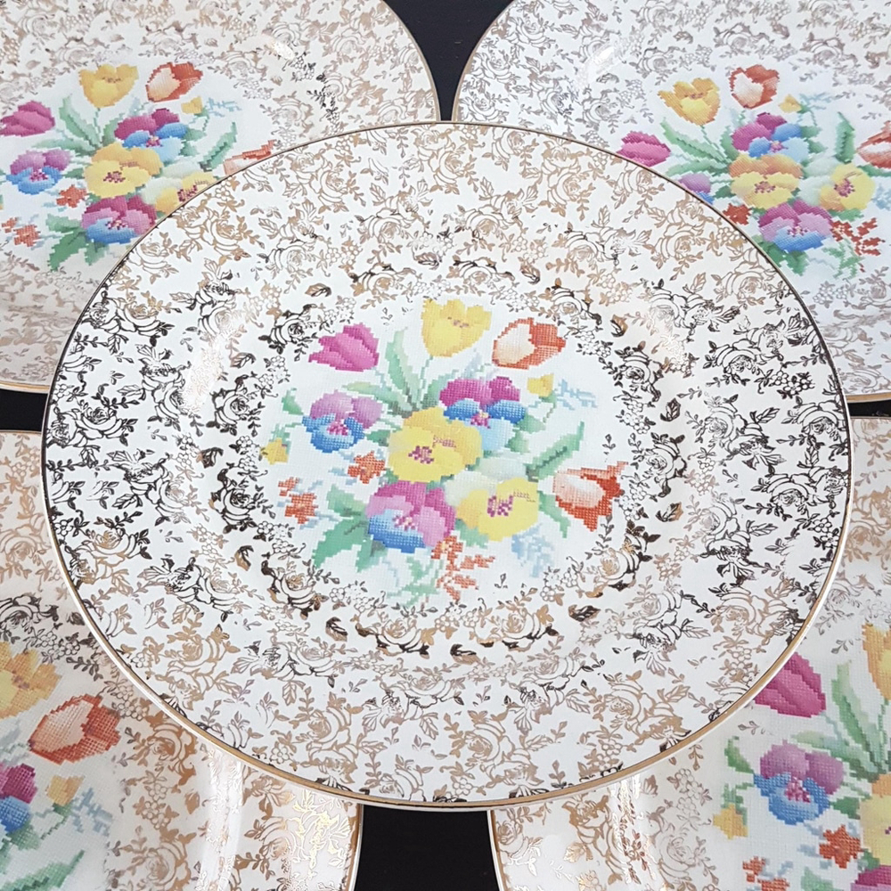 H K Tunstall Old English Sampler Dinner Plates - Set of 5, Petit Point Floral